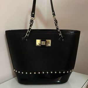 Anne Klein  Chain Studded Tote Bag Black Gold
